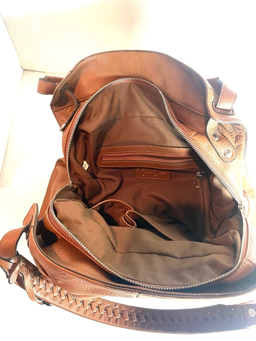 Jessica Simpson Cognac Faux Pebbled Leather Woven Boho Satchel Handbag - Picture 9 of 16